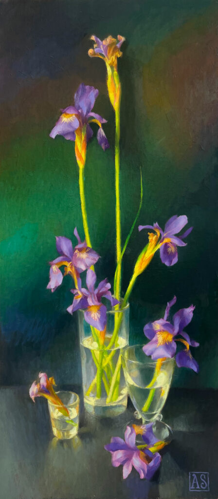 Stein,-Adrienne,-Siberian-Irises,-Oil-on-mounted-linen,-27-x-14,-$4,800