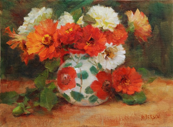 Anderson, Kathy, Zinnias in a Poppy Vase, Oil on panel, 9×12, $2,200