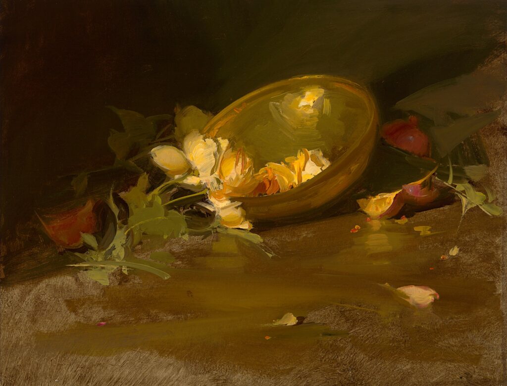 McGraw, Sherrie, Yellow Roses in a Brass Bowl, Oil on board, 13 x 17, $16,000