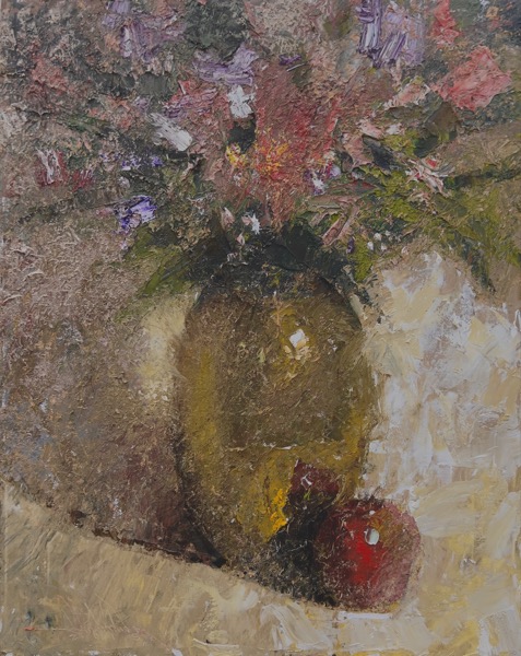 C.W. Mundy, Brass Vase with Flowers & Apple, Windows Exhibition 2023 (Private Collection)
