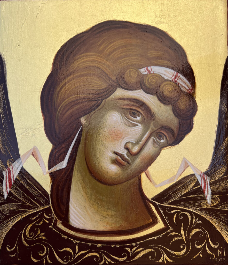 Panou, Maria, Angel of God, Egg tempera and acrylics on gold leaf, 7.8 x 6.6, $900